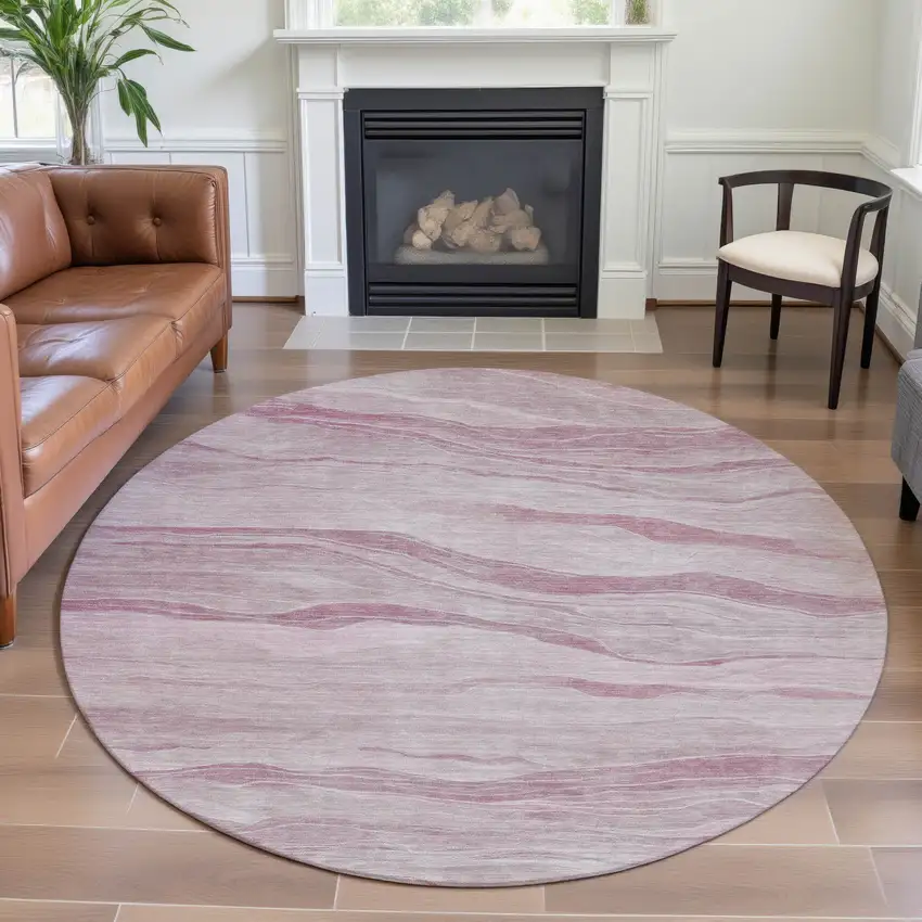 8' X 8' Pink And Ivory Striped Washable Round Rug With UV Protection Photo 4