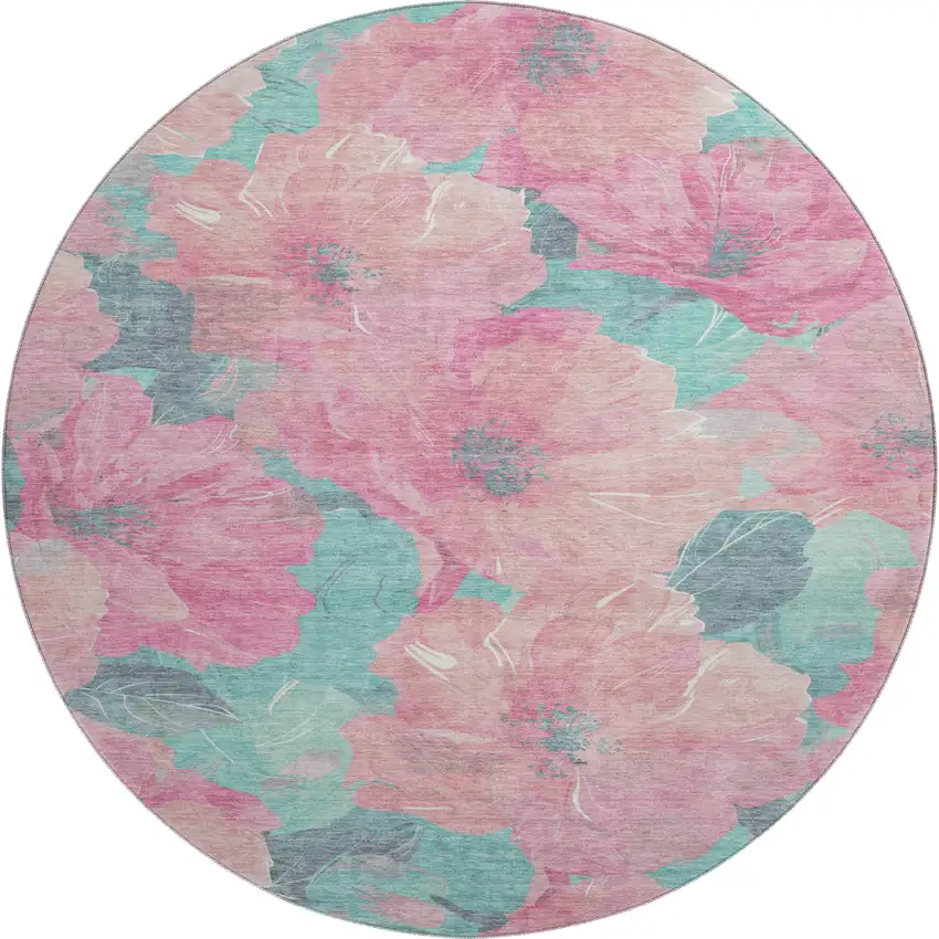 8' X 8' Pink And Teal Floral Washable Round Rug With UV Protection Photo 1