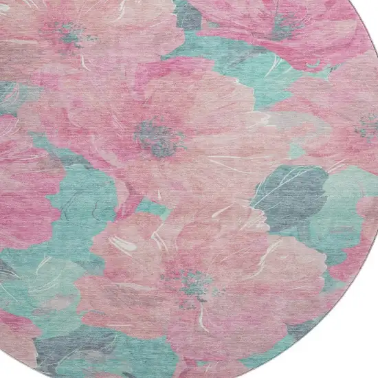 8' X 8' Pink And Teal Floral Washable Round Rug With UV Protection Photo 2