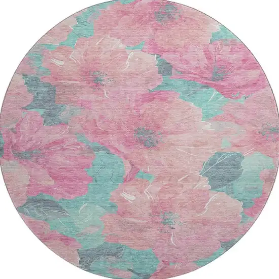 8' X 8' Pink And Teal Floral Washable Round Rug With UV Protection Photo 3