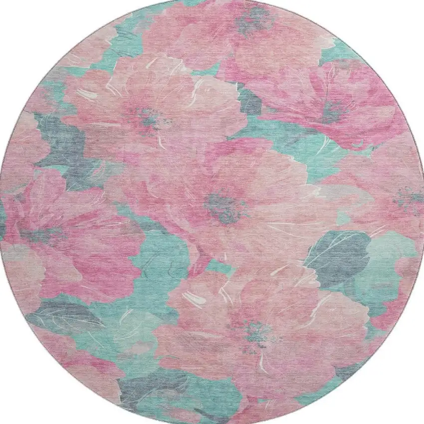 8' X 8' Pink And Teal Floral Washable Round Rug With UV Protection Photo 3
