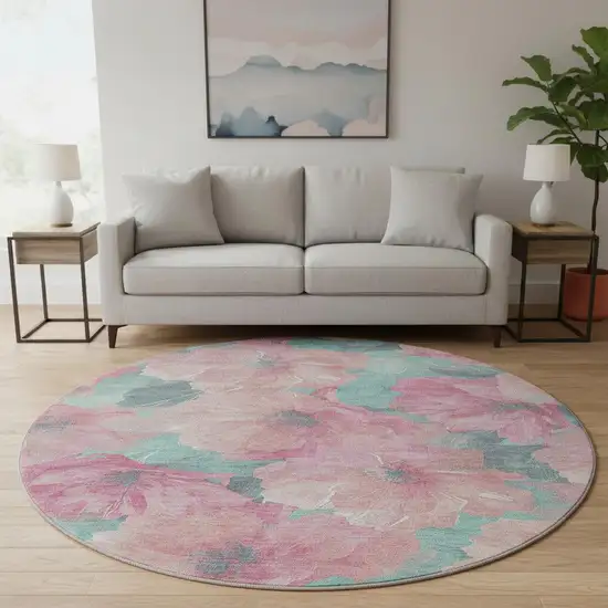 8' X 8' Pink And Teal Floral Washable Round Rug With UV Protection Photo 2