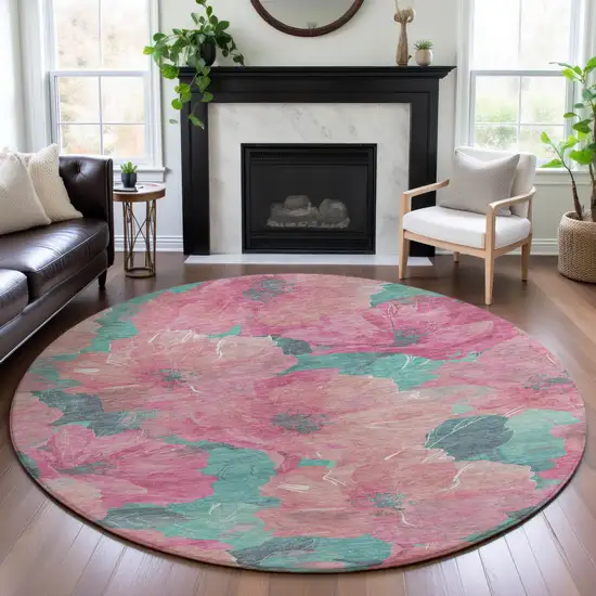 8' X 8' Pink And Teal Floral Washable Round Rug With UV Protection Photo 4