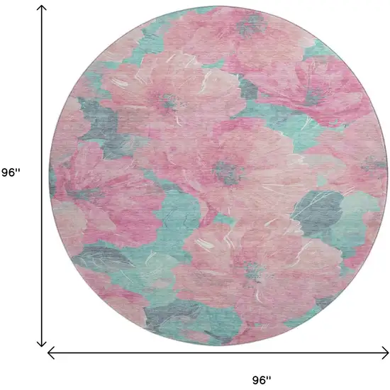 8' X 8' Pink And Teal Floral Washable Round Rug With UV Protection Photo 9