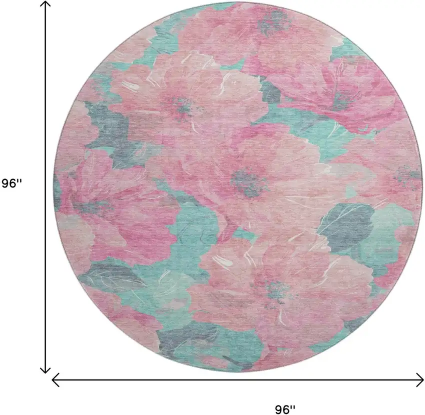 8' X 8' Pink And Teal Floral Washable Round Rug With UV Protection Photo 9