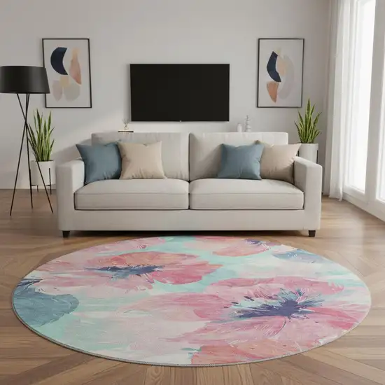 8' X 8' Pink Blue And Ivory Floral Washable Round Rug With UV Protection Photo 2