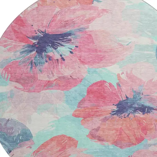 8' X 8' Pink Blue And Ivory Floral Washable Round Rug With UV Protection Photo 2