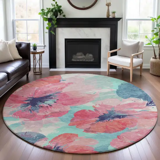 8' X 8' Pink Blue And Ivory Floral Washable Round Rug With UV Protection Photo 4