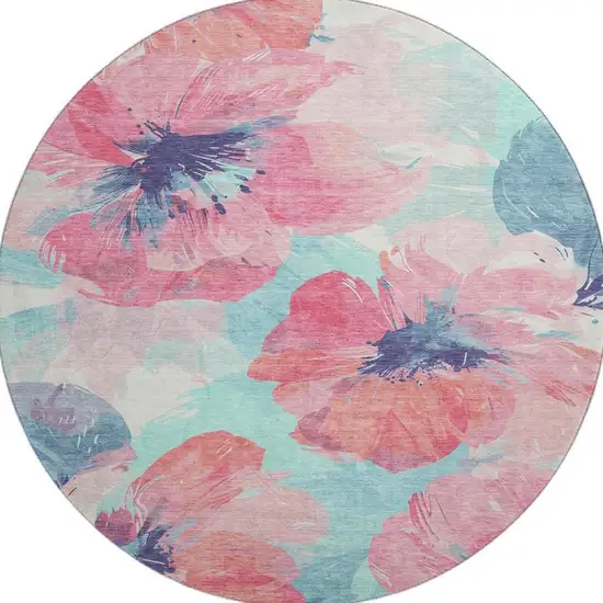 8' X 8' Pink Blue And Ivory Floral Washable Round Rug With UV Protection Photo 3