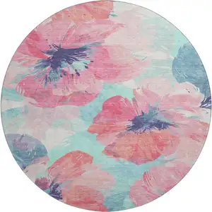 Photo of 8' X 8' Pink Blue And Ivory Floral Washable Round Rug With UV Protection