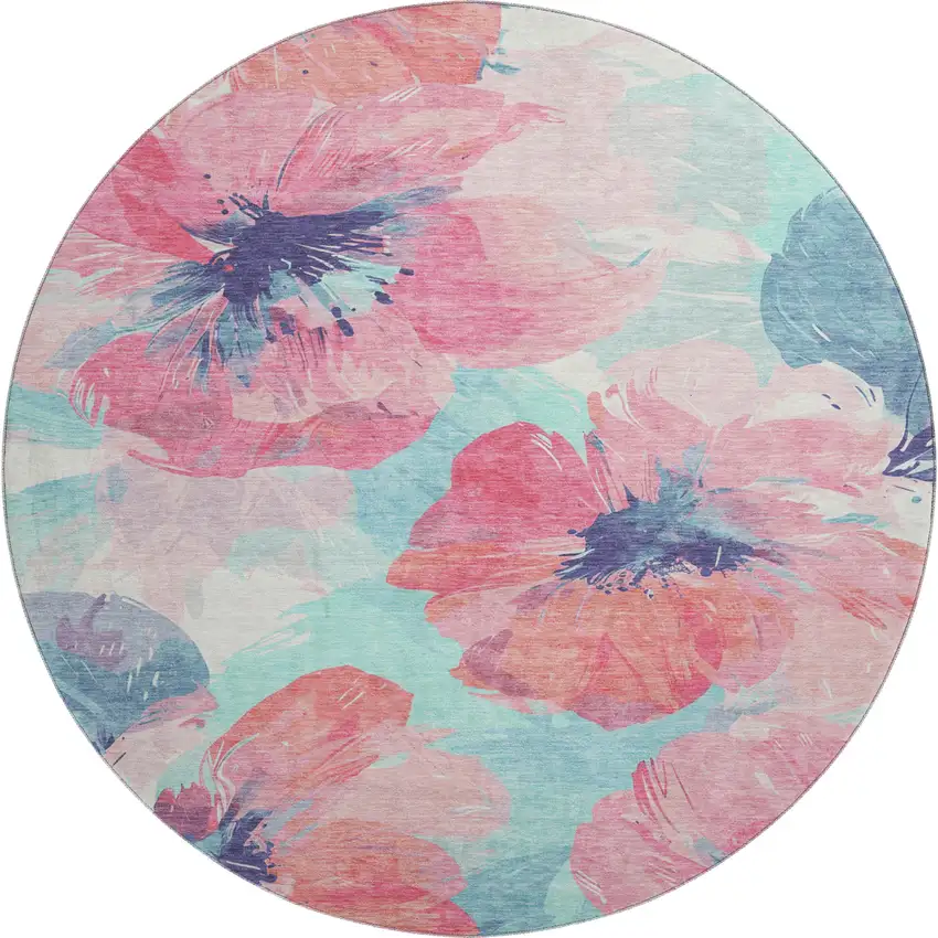8' X 8' Pink Blue And Ivory Floral Washable Round Rug With UV Protection Photo 1