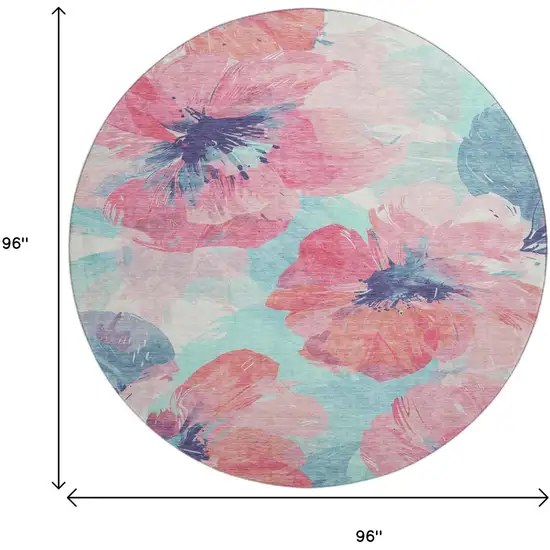 8' X 8' Pink Blue And Ivory Floral Washable Round Rug With UV Protection Photo 9