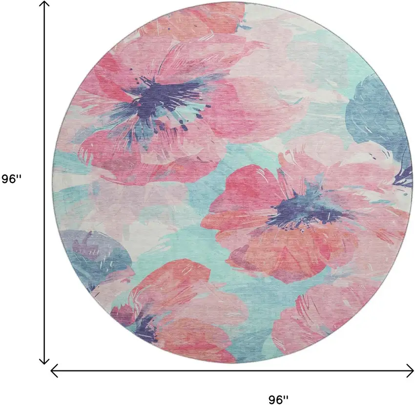 8' X 8' Pink Blue And Ivory Floral Washable Round Rug With UV Protection Photo 9