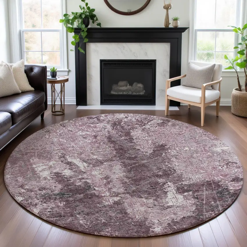 8' X 8' Pink Charcoal And Ivory Abstract Washable Round Rug With UV Protection Photo 4
