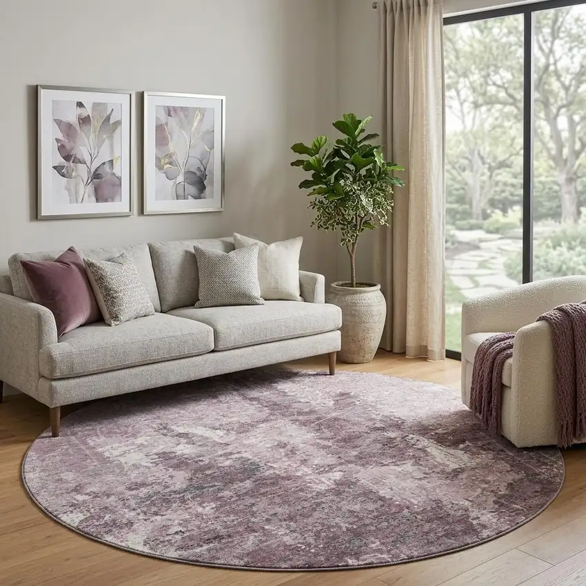 8' X 8' Pink Charcoal And Ivory Abstract Washable Round Rug With UV Protection Photo 1