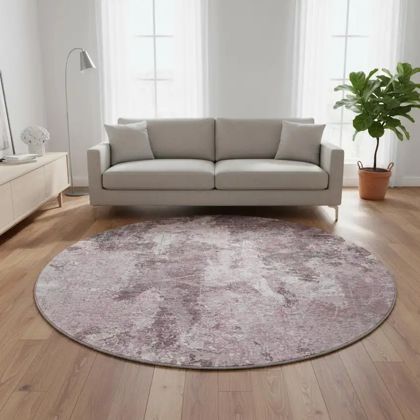 8' X 8' Pink Charcoal And Ivory Abstract Washable Round Rug With UV Protection Photo 2