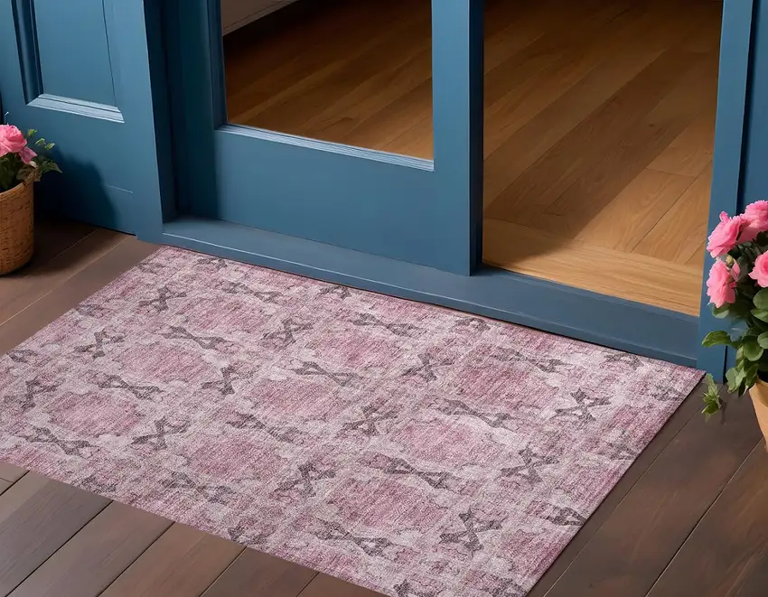 3' X 4' Pink Floral Medallion Washable Non Skid Indoor Outdoor Area Rug Photo 1