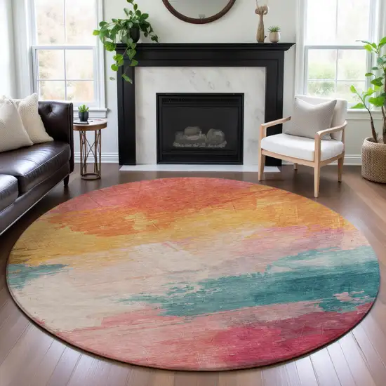 8' X 8' Pink Gold And Teal Abstract Washable Round Rug With UV Protection Photo 4