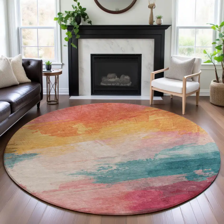 8' X 8' Pink Gold And Teal Abstract Washable Round Rug With UV Protection Photo 4