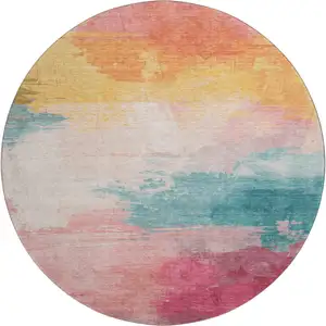 Photo of 8' X 8' Pink Gold And Teal Abstract Washable Round Rug With UV Protection
