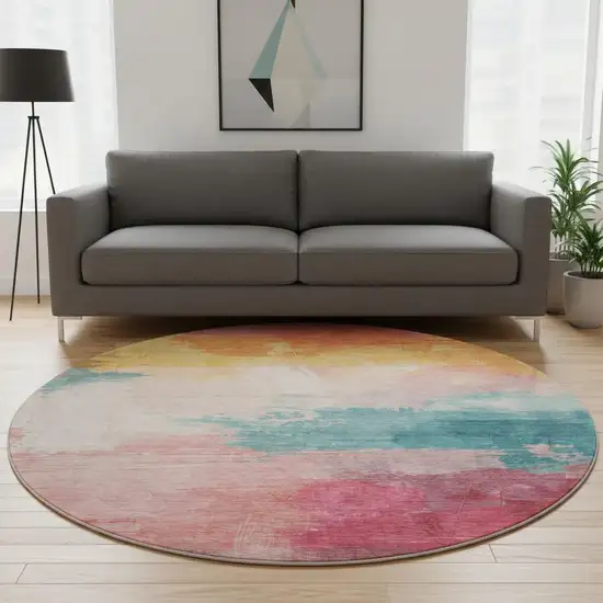8' X 8' Pink Gold And Teal Abstract Washable Round Rug With UV Protection Photo 2