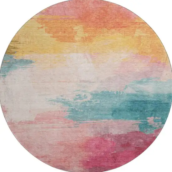 8' X 8' Pink Gold And Teal Abstract Washable Round Rug With UV Protection Photo 3