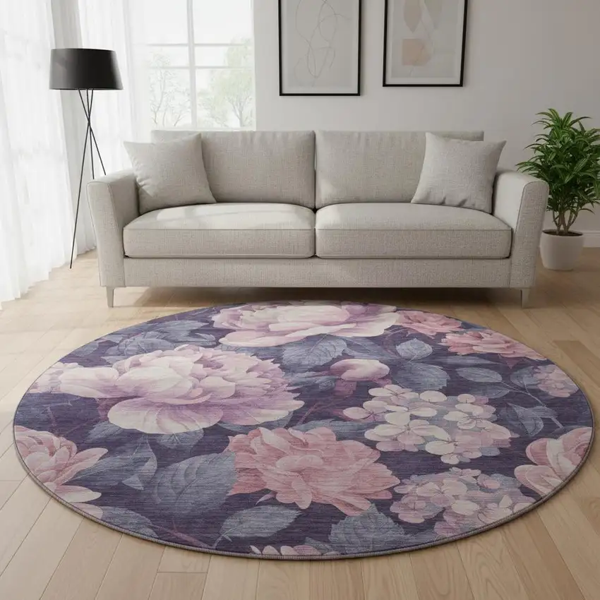 8' X 8' Pink Gray And Mauve Floral Washable Round Rug With UV Protection Photo 2