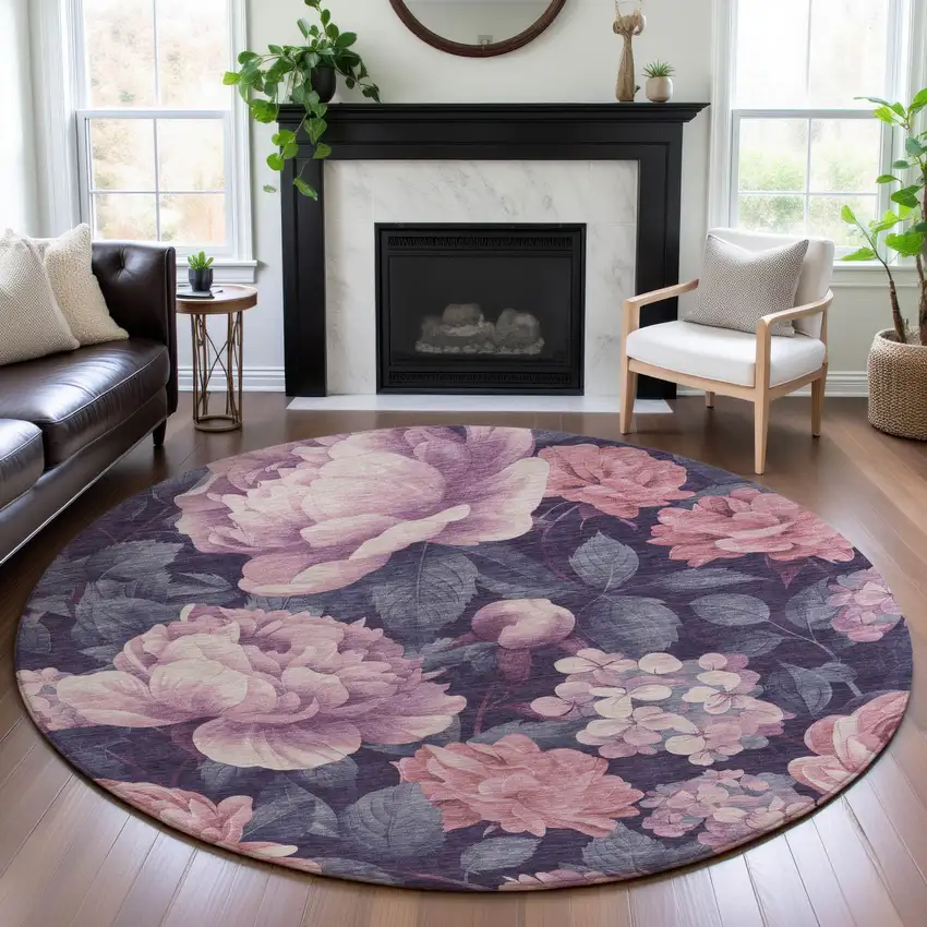 8' X 8' Pink Gray And Mauve Floral Washable Round Rug With UV Protection Photo 4