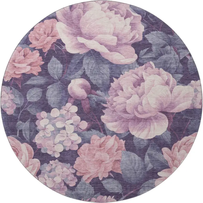 8' X 8' Pink Gray And Mauve Floral Washable Round Rug With UV Protection Photo 3