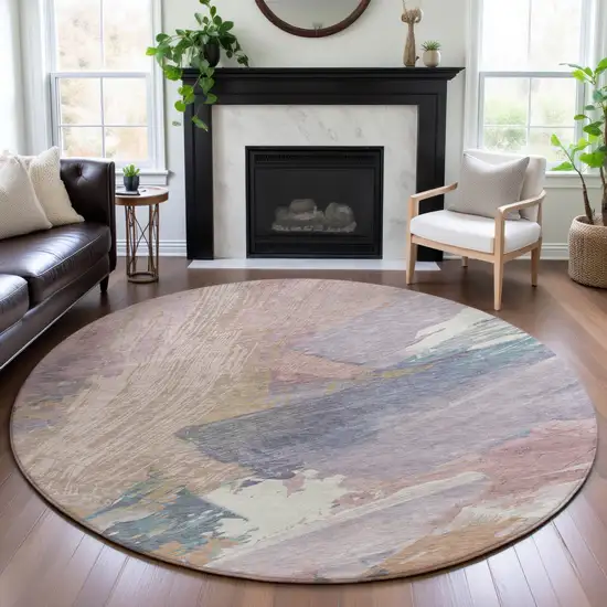 8' X 8' Pink Ivory And Beige Abstract Washable Round Rug With UV Protection Photo 4