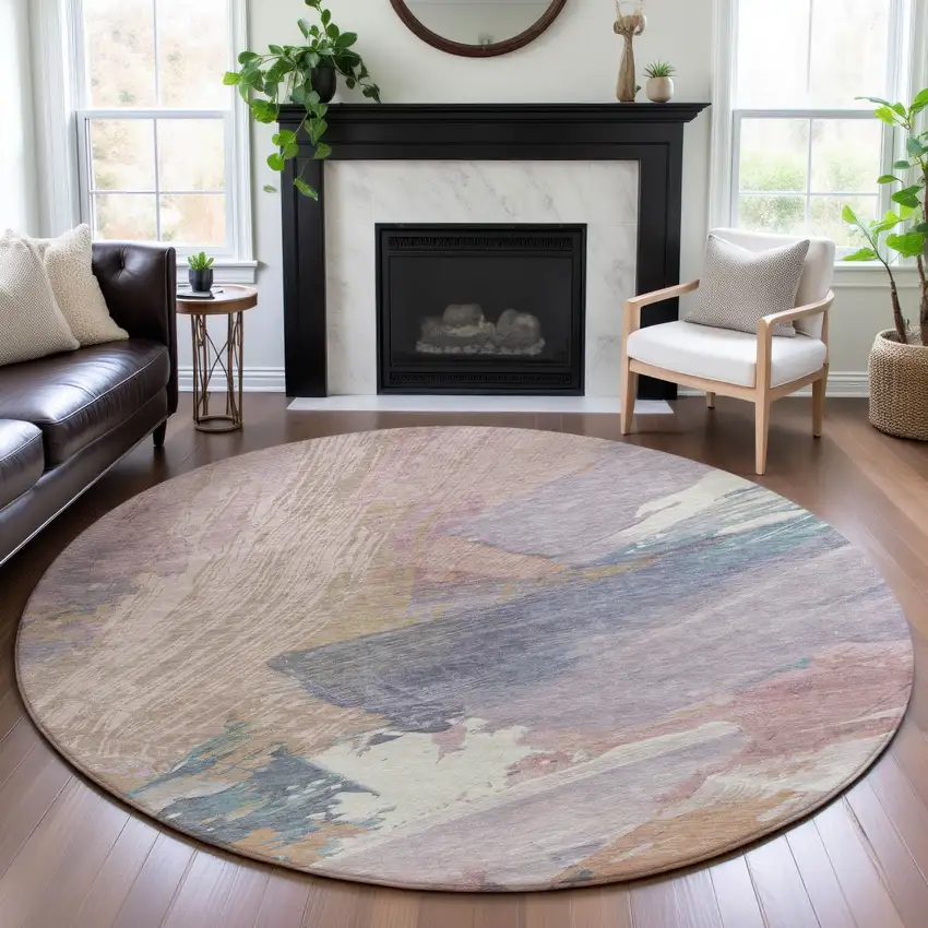 8' X 8' Pink Ivory And Beige Abstract Washable Round Rug With UV Protection Photo 4