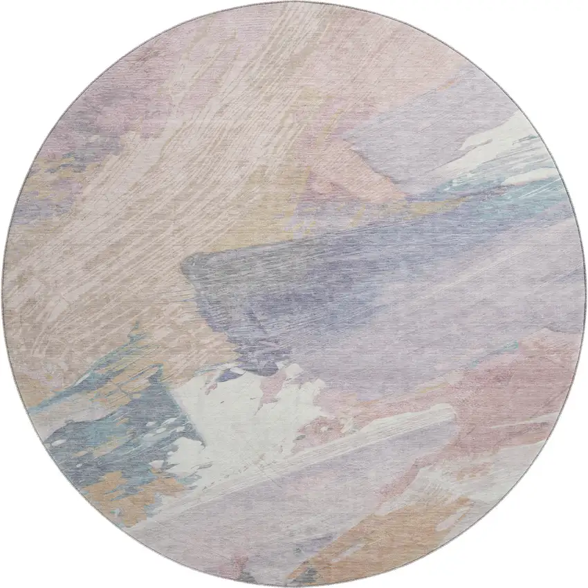 8' X 8' Pink Ivory And Beige Abstract Washable Round Rug With UV Protection Photo 1