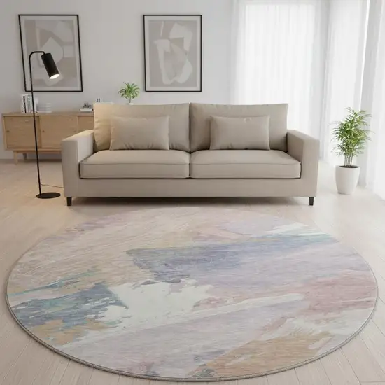 8' X 8' Pink Ivory And Beige Abstract Washable Round Rug With UV Protection Photo 2