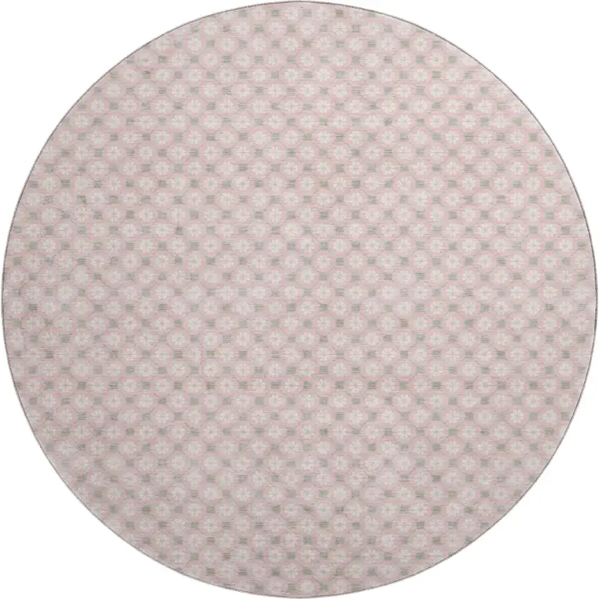 8' X 8' Pink Ivory And Gray Geometric Washable Round Rug With UV Protection Photo 1