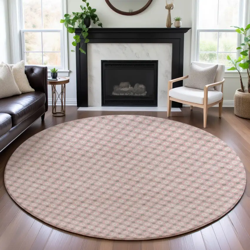 8' X 8' Pink Ivory And Gray Geometric Washable Round Rug With UV Protection Photo 4