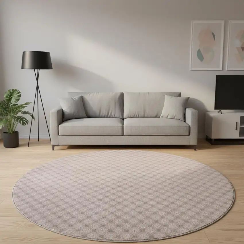 8' X 8' Pink Ivory And Gray Geometric Washable Round Rug With UV Protection Photo 2