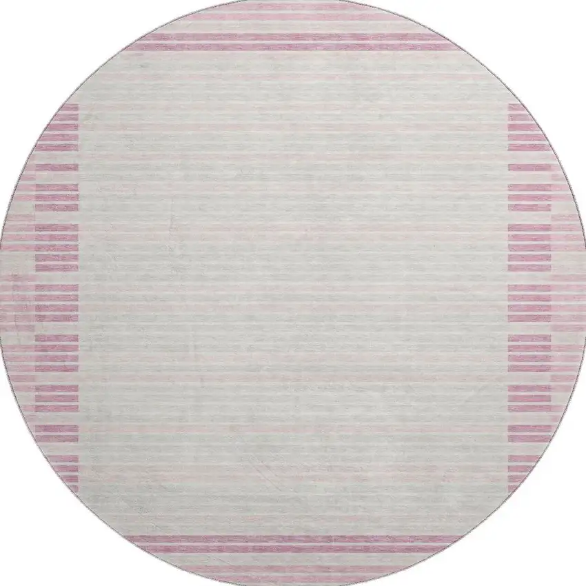 8' X 8' Pink Ivory And Mauve Striped Washable Round Rug With UV Protection Photo 2