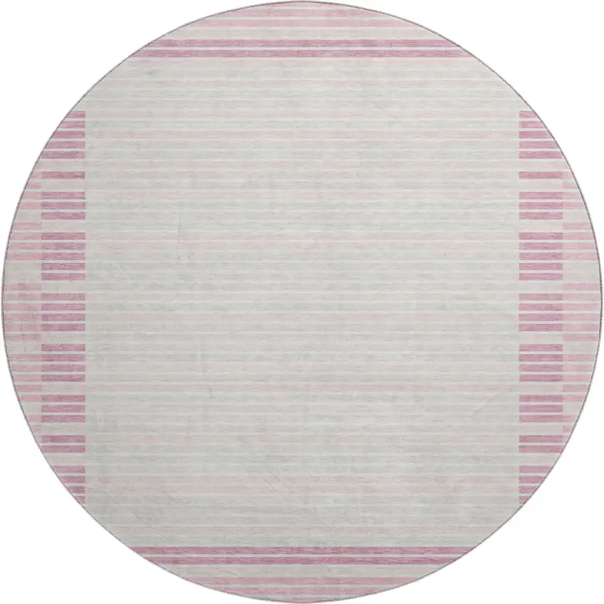 8' X 8' Pink Ivory And Mauve Striped Washable Round Rug With UV Protection Photo 1