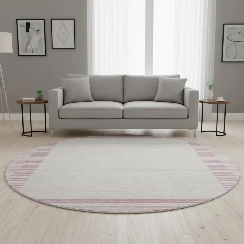 8' X 8' Pink Ivory And Mauve Striped Washable Round Rug With UV Protection Photo 2