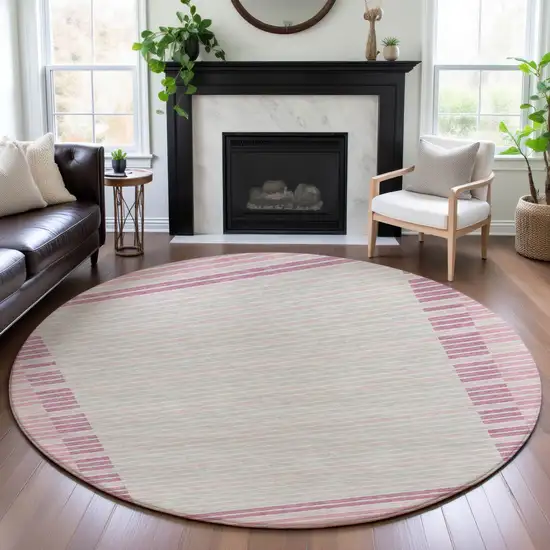 8' X 8' Pink Ivory And Mauve Striped Washable Round Rug With UV Protection Photo 4
