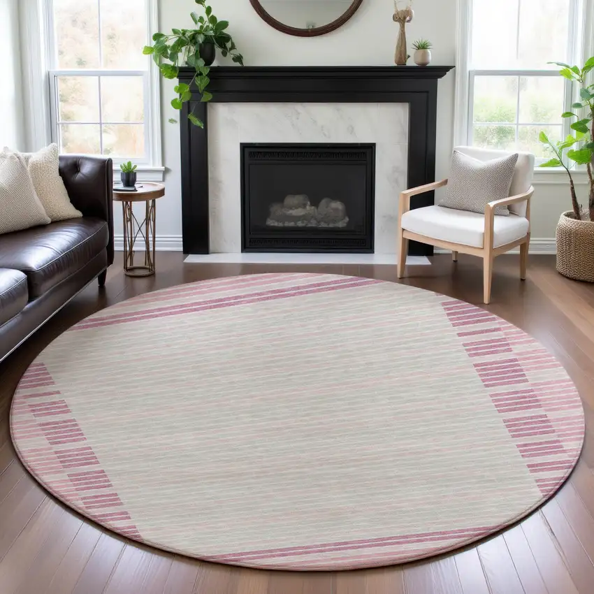 8' X 8' Pink Ivory And Mauve Striped Washable Round Rug With UV Protection Photo 4