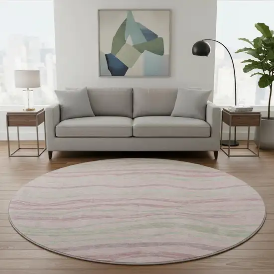 8' X 8' Pink Ivory And Mint Green Striped Washable Round Rug With UV Protection Photo 2