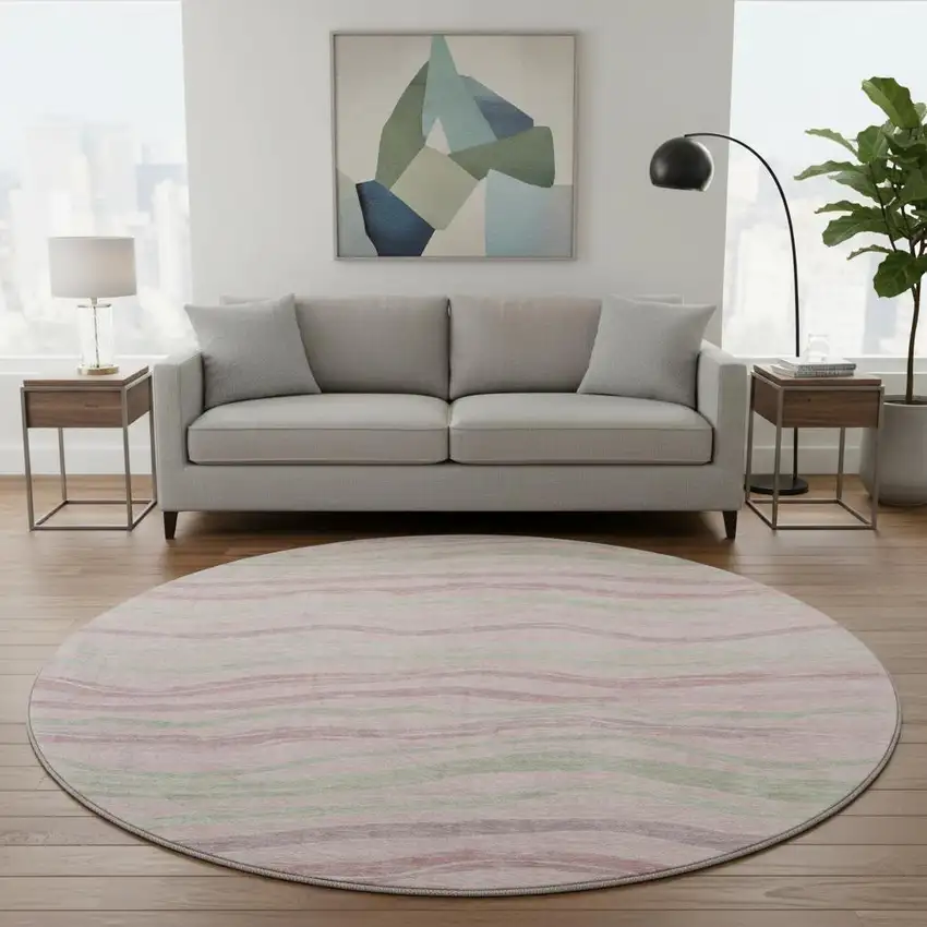 8' X 8' Pink Ivory And Mint Green Striped Washable Round Rug With UV Protection Photo 2