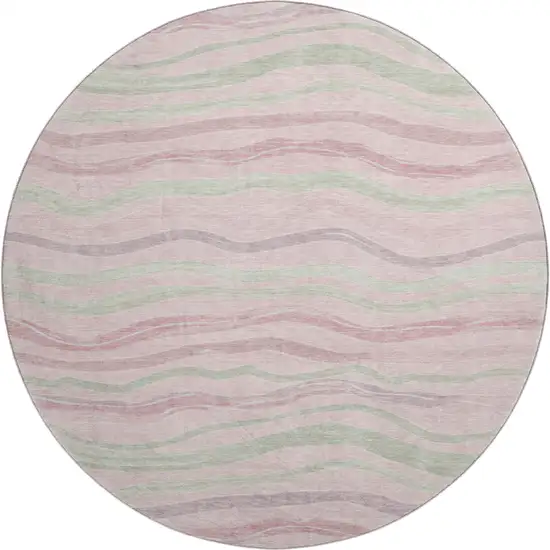 8' X 8' Pink Ivory And Mint Green Striped Washable Round Rug With UV Protection Photo 1