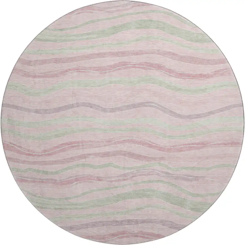 8' X 8' Pink Ivory And Mint Green Striped Washable Round Rug With UV Protection Photo 1