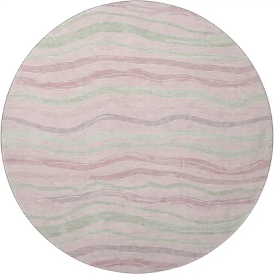 8' X 8' Pink Ivory And Mint Green Striped Washable Round Rug With UV Protection Photo 3