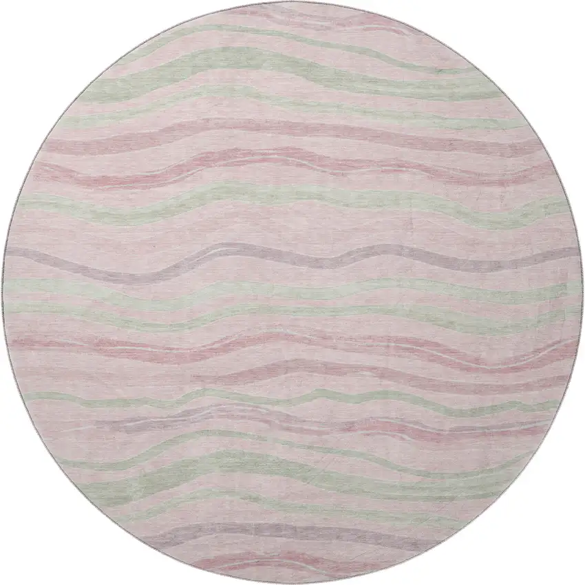 8' X 8' Pink Ivory And Mint Green Striped Washable Round Rug With UV Protection Photo 3