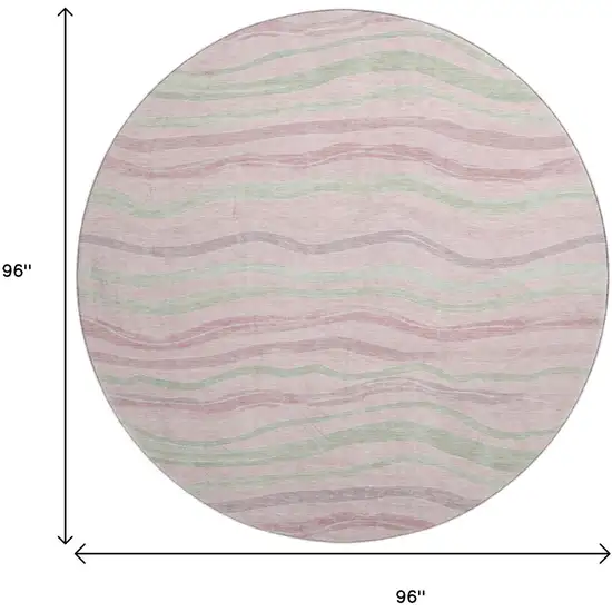 8' X 8' Pink Ivory And Mint Green Striped Washable Round Rug With UV Protection Photo 9