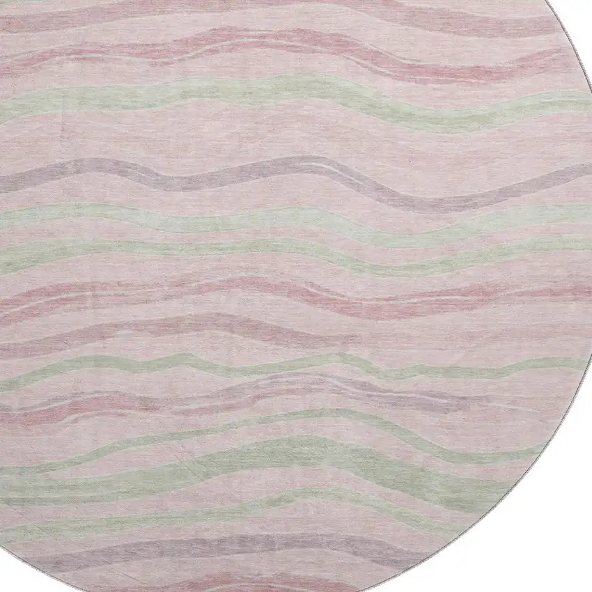 8' X 8' Pink Ivory And Mint Green Striped Washable Round Rug With UV Protection Photo 2