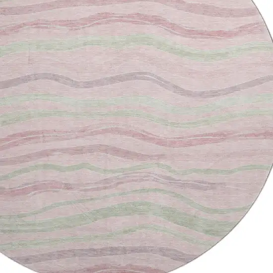 8' X 8' Pink Ivory And Mint Green Striped Washable Round Rug With UV Protection Photo 2